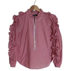Greyson Long Ruffle Sleeve Blouse Womens Size S Red White Zipper Front